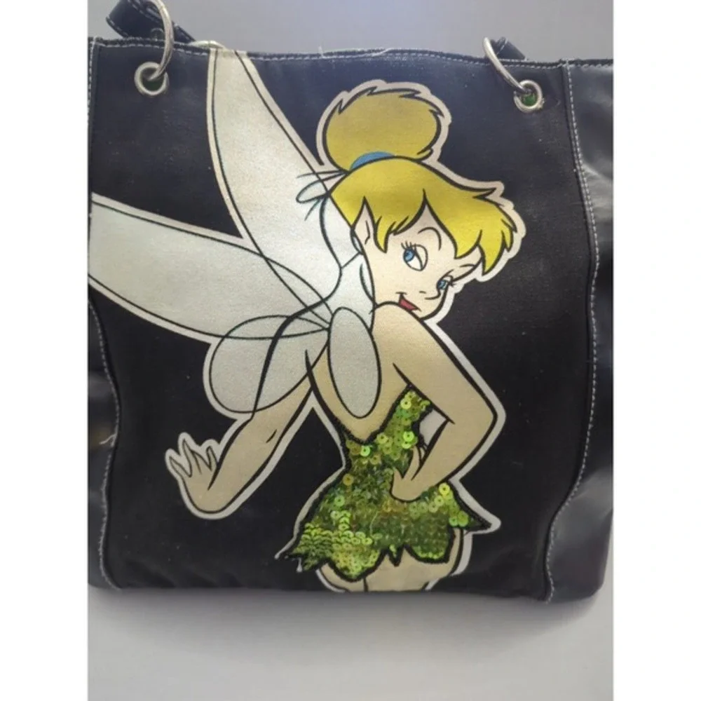 Vtg Disney Tinker Bell Tote Purse Sequin Faux Leather & Canvas Shoulder Bag Lime